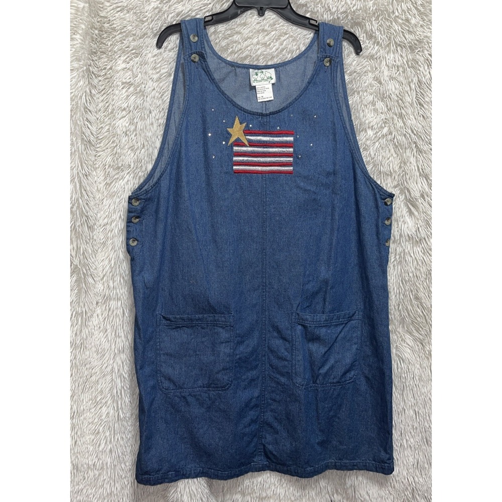 Quacker Factory Denim Midi‎ Dress Womens 1X Blue Cotton Pockets Flag Applique - Picture 3 of 10